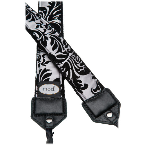 Mod Silver Victorian Camera Strap Black Velvet Damask Pattern