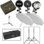 Novatron V400D Mini Pro 3-Light Kit, Umbrellas, Stands, Soft Case (120V)