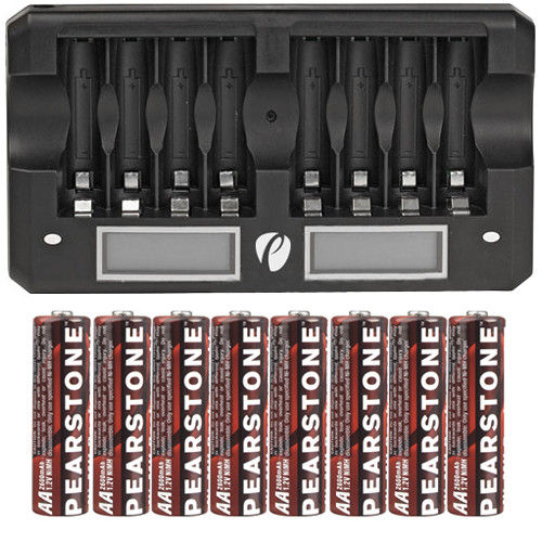 Pearstone 8-Bay AA/AAA Battery Charger with LCD Display and Batteries