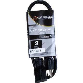 American DJ Accu-Cable 3-Wire Edison AC Extension Cord (16 AWG, Black, 3')