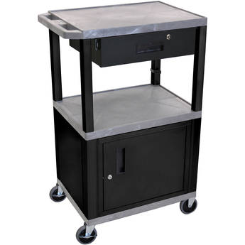 Luxor 42" A/V Cart with 3 Shelves, Cabinet, Locking Drawer, and Electrical Assembly (Gray Shelves, Black Legs)