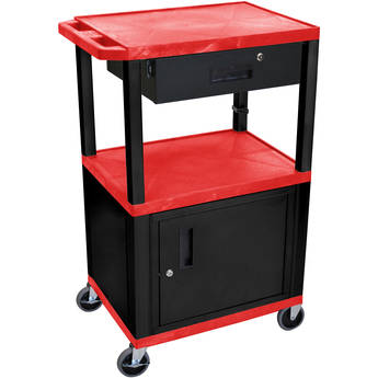 Luxor 42" A/V Cart with 3 Shelves, Cabinet, Locking Drawer, and Electrical Assembly (Red Shelves, Black Legs)