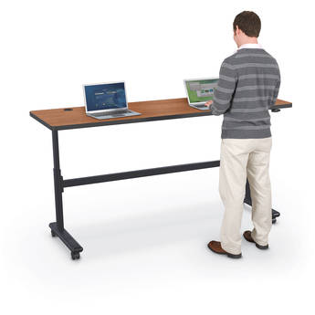 Balt Height Adjustable Sit and Stand Flipper Table (60" Long, Amber Cherry Laminate, Platinum Edge)