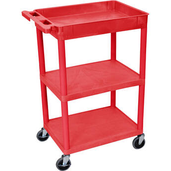 Luxor 3-Shelf Utility Cart with Tub Top & Flat Middle/Bottom Shelf (Red)