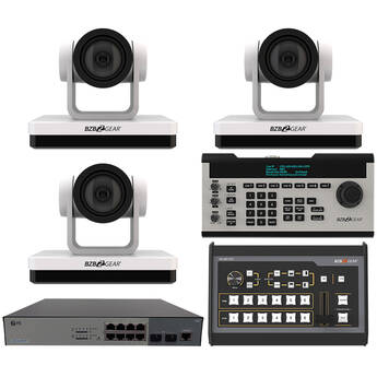 BZBGEAR 3 x 20x PTZ Camera Broadcast Kit with 6-Channel Mixer, 8-Port Switch & Controller (White)