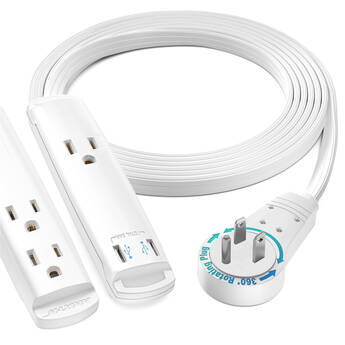 Maximm Cable 360° Rotating Flat Plug USB Charging Extension Cord (6', White)