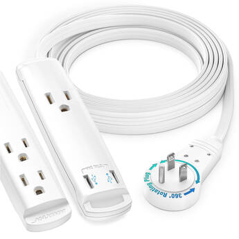 Maximm Cable 360° Rotating Flat Plug USB Charging Extension Cord (10', White)