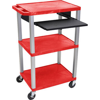 Luxor Three-Shelf Plastic Utility Cart 42" (Red, Electric, Pullout Shelf)