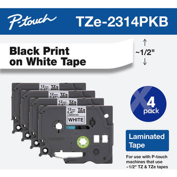 Brother TZe231 Laminated Tape for P-Touch Labelers (Black on White, 0.5" x 26.2', 4-Pack)