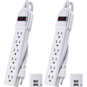 CyberPower 6-Outlet Surge Protector with 2 USB-A Ports Kit (2-Pack, White)