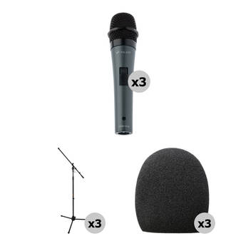 Polsen HDM-16-S Handheld Dynamic Mics with Stands and Windscreens Kit (Set of 3)