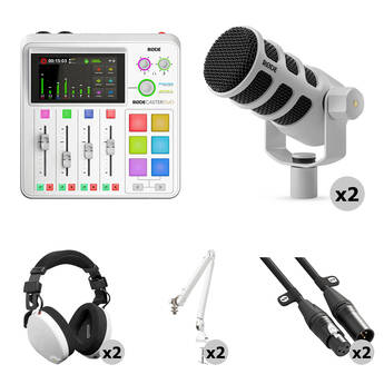 RODE RODECaster Duo 2-Person Podcasting Kit with PodMics, Studio Boom Arms, Headphones, and Cables (White)
