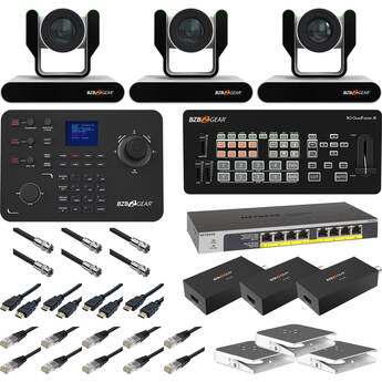 BZBGEAR Complete House of Worship Live Streaming Kit with Three PTZ Cameras, Controller, Mixer, Ceiling Mount (White)