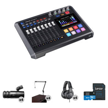 TASCAM Mixcast 4-Person Podcast Kit with Podcast Mixer-Recorder, Microphones, Boom Arms, and Headphones