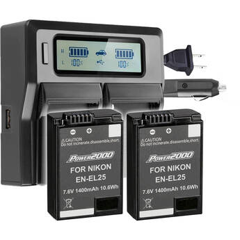 Power2000 Two Nikon EN-EL25-Type Batteries and Dual-Bay LCD Charger