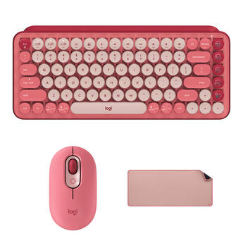 Logitech Wireless POP Keys & Silent Mouse + Studio Desk Mat Bundle (Heartbreaker Rose)