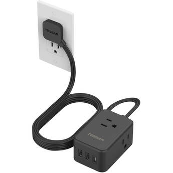 Tessan Power Strip with Flat Plug and Flat Cord (Black)
