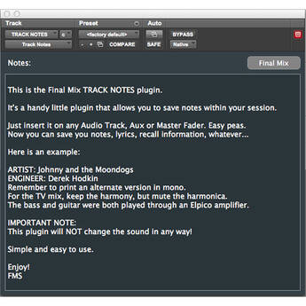 Final Mix Software Track Notes III Note-Taking Plug-In