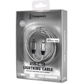 ChargeWorx USB-C to Lightning Cable (10', Silver)