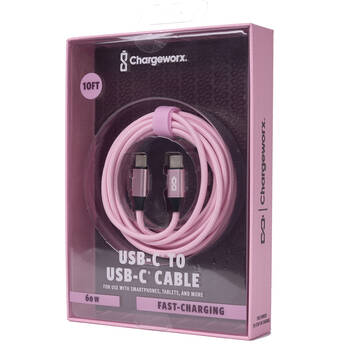 ChargeWorx Nylo-Tuff USB-C 60W Charging Cable (Pink, 10')