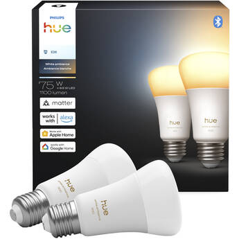 Philips Hue A19 Bulb with Bluetooth (White Ambiance, Matter, 2-Pack)