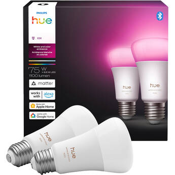 Philips Hue A19 Bulb with Bluetooth (White & Color Ambiance, Matter, 2-Pack)
