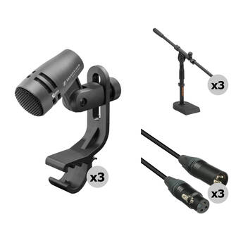 Sennheiser e 604 Cardioid Instrument Microphone 3-Pack Kit with Stands and Cables