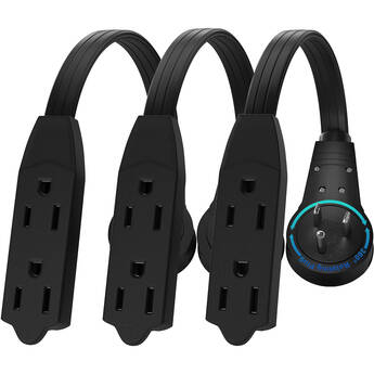 Maximm Cable 3-Outlet Original Style 360° Rotating Flat Plug 6" Extension Cord (Black, 3-Pack)