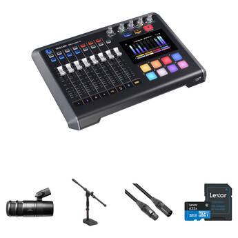 TASCAM Mixcast Podcast Kit with Mixer-Recorder, Microphone, Stand with Boom, and Cable