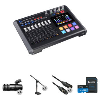 TASCAM Mixcast 4-Person Podcast Kit with Mixer-Recorder, Microphones, Mic Stands, and Cables