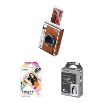 FUJIFILM instax mini EVO Hybrid Instant Camera with Film Variety Pack (Brown, 20 Exposures)