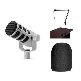 RODE PodMic Dynamic Podcasting Microphone Kit with Cabled Broadcast Arm (White)