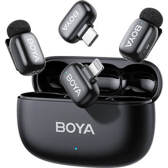 BOYA mini 2 2-Person Wireless Microphone System with Two Receivers with Lightning and USB-C Connectors (Black, with Charging Case)