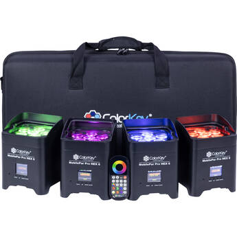 ColorKey MobilePar Pro Hex 6 Wireless Battery-Powered RGBAW+UV LED Fixture Bundle with Carrying Case (4-Pack)