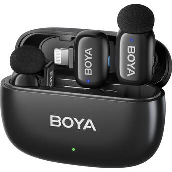 BOYA mini 2 2-Person Wireless Microphone System with One Receiver with Lightning Connector (Black, with Charging Case)