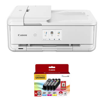 Canon Pixma TS9521Ca Wireless All-in-One Inkjet Printer (White) with PGI-280 XL / CLI-281 4-Color Ink Tank Combo Pack and 4 x 6" Photo Paper Kit
