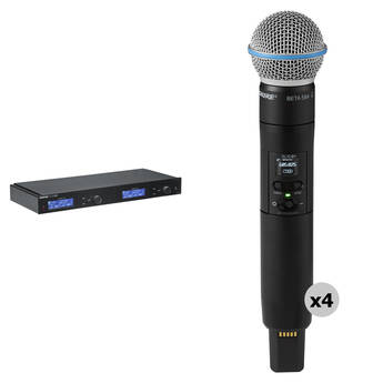 Shure SLXD4QDAN+ Quad-Channel Digital Wireless Receiver Kit with Dante & Four SLXD2+/Beta 58A Transmitters (G57: 460 to 608 MHz)