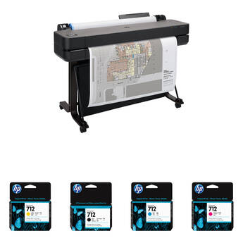 HP DesignJet T630 36" Large Format Plotter Printer with Four 712 Standard-Capacity Ink Cartridges Kit (2025 Edition)