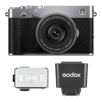 FUJIFILM X-E5 Mirrorless Camera with 23mm f/2.8 Lens and Mini Flash Kit (Silver)