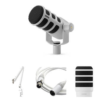 RODE PodMic 1-Person Podcasting Microphone Kit with Studio Boom Arm and XLR Cable (White)