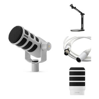 RODE PodMic Dynamic Podcasting Microphone Kit with Desktop Studio Arm, Pop Filter & Cable (White)