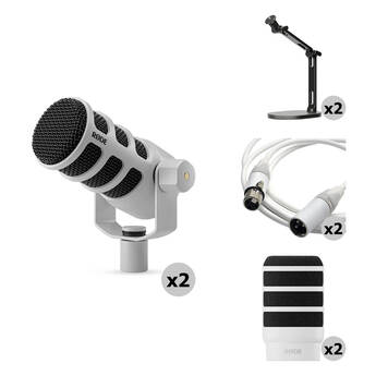 RODE PodMic 2-Person Dynamic Podcasting Microphone Kit with Desktop Studio Arms, Pop Filters & Cables (White)