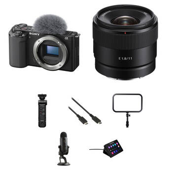 Sony ZV-E10 Mirrorless Camera with 11mm f/1.8 Lens and Live Streaming Kit (Black)