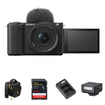 Sony ZV-E10 II Mirrorless Camera with 16-50mm f/3.5-5.6 Lens and Mini Flash Kit (Black)