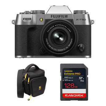 FUJIFILM X-T50 Mirrorless Camera with 15-45mm f/3.5-5.6 Lens and Basic Bundle (Silver)