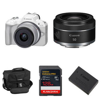 Canon EOS R50 Mirrorless Camera with 18-45mm & 50mm f/1.8 Lenses and Essentials+ Kit (White)