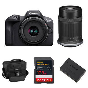 Canon EOS R100 Mirrorless Camera with 18-45mm & 55-210mm Lenses & Essentials+ Kit