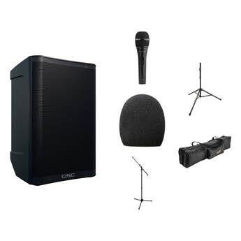 QSC CB10 Battery-Powered 10" Portable Loudspeaker with Microphone, Speaker and Mic Stands, and Transport Bag Kit