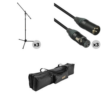 Auray Three Mic Stands and Cables Kit with Stand Bag