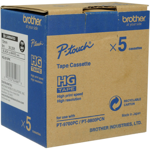 Brother Polyester Labels (12mm x 8 m Roll, Black Ink on White Labels, 5 Rolls)